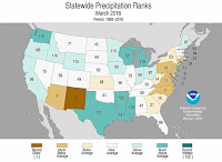 Figure 2. State-by-state precipitation rankings for March 2016. (Image credit: NOAA/NCEI) Click to Enlarge.