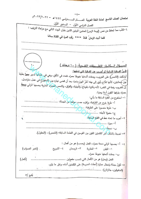 نموذج اجابة اختبار اللغة العربية للصف التاسع الفصل الاول الدور الاول 2022-2023 محافظة جنوب الشرقية
