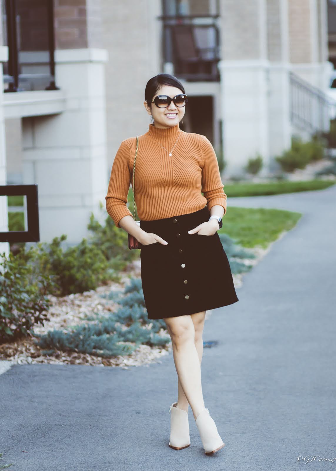 Corduroy Skirt | Brown Sweater | Vince Camuto Ankle Boots | Gucci Sunglasses | Coach Chain Clutch | Apple Watch SE | Petite Fashion | Fall Outfit