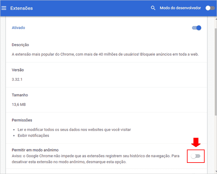 Desabilitando extensão no Chrome pelo modo anônimo