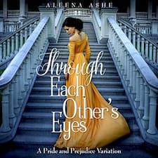 Through Each Other's Eyes audiobook cover. A pretty woman in a yellow own stands on the steps of a grand house.