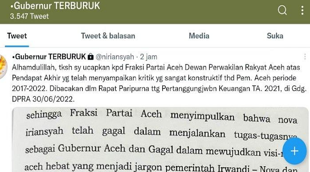 Nova Iriansyah Diberi Predikat Gubernur Terburuk Sepanjang Sejarah Aceh