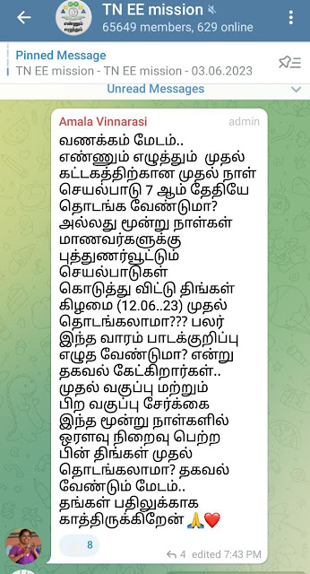 Should we start the activities for the first block of Ennum Ezhuthum from June 7th? Need to write a lesson plan this week? - State Coordinator's reply