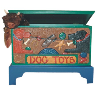 blue toy chest with painting of dogs on the front; says Dog Toys