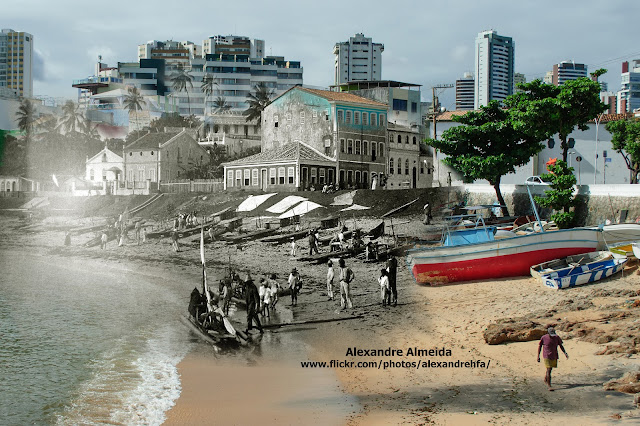 Passado e Presente em Fotomontagem da Praia de Santana no Rio Vermelho