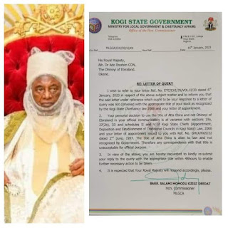 Kogi Govt Rejects Monarch’s  Response To Query Over Inappropriate Title