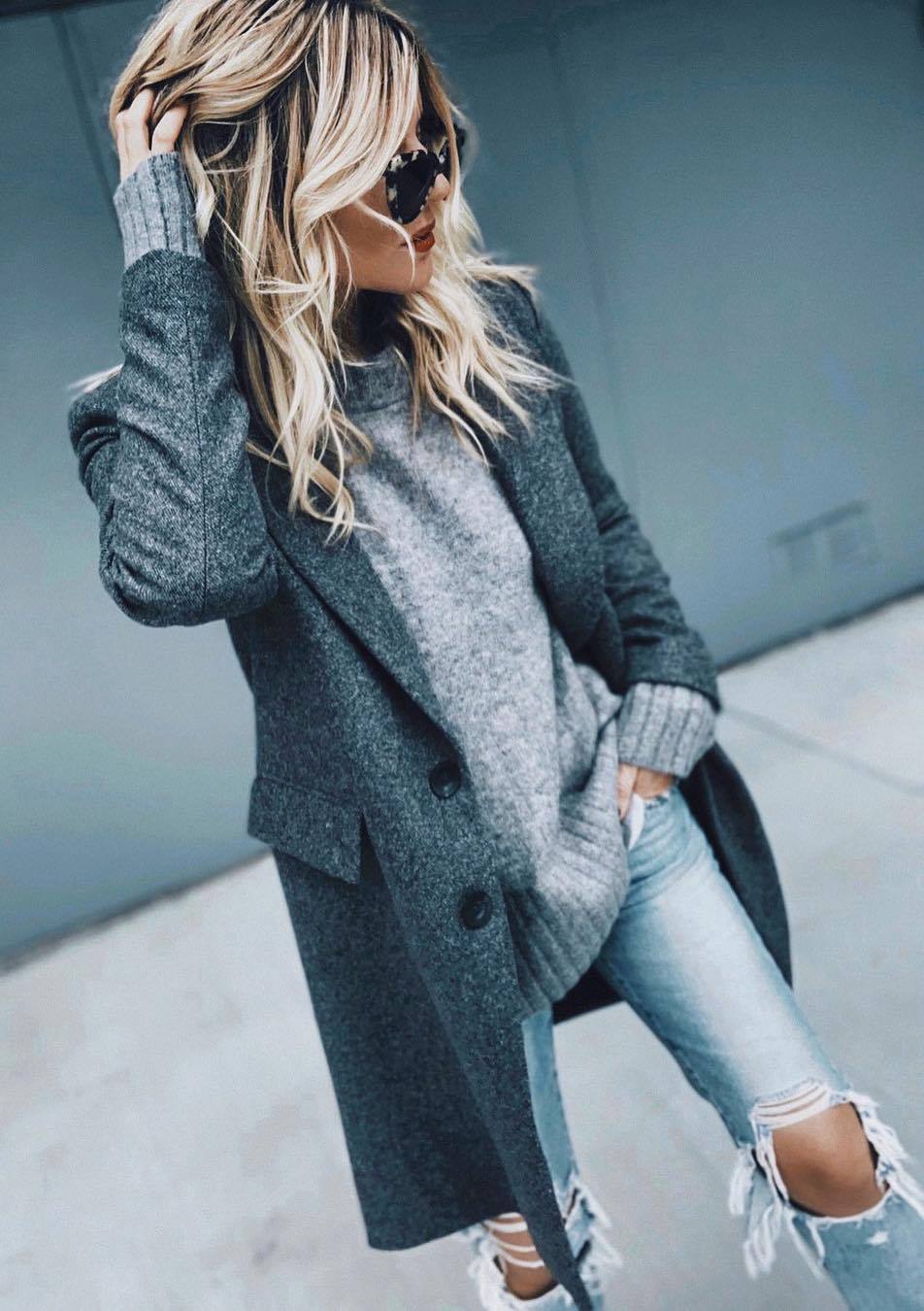 cozy fall outfit / grey sweater + coat + distressed jeans
