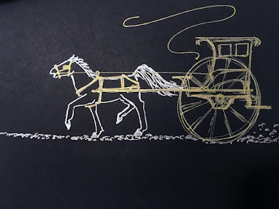 A horizontal pen drawing on black paper, of a silver horse in gold traces, pulling a gold two-wheeled cart over a white-pebbled road, with a gold whip swishing above it.