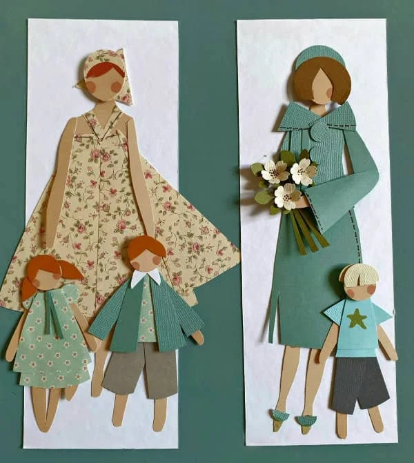 pair of 1960s mothers with young children made of decorative papers