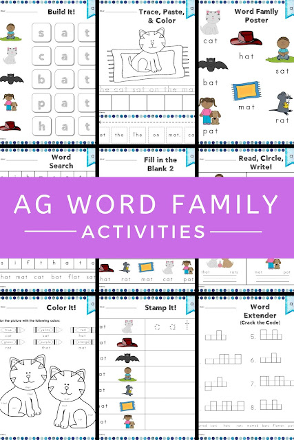 This free ag Word Family Word Work and Activities pack includes over 30 different student centered phonics activities, not just worksheets, that promote reading, tracing, writing, building, cutting, pasting, and creating words in the ag word family with little to no prep work for you. #wordwork #phonics #agwordfamily #free #teacher