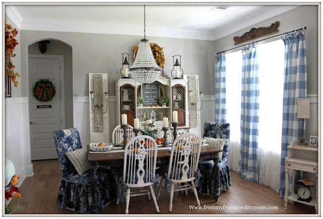 Fall Dining Room-French Country-French Farmhouse-Cottage Style-Pottery Barn Mia Chandlier-DIY-Fiddleback Chairs-Biffalo Check-Parson Chairs-Vinatge-China Hutch-From My Front Porch To Yours