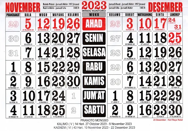 Download Kalender 2023 November Lengkap dengan Tanggal Merah, Wuku dan Hari Pasaran