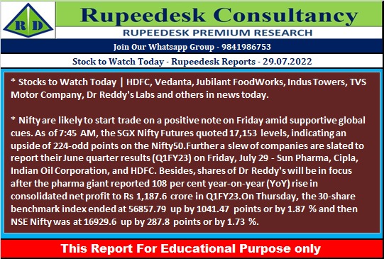 Stock to Watch Today - Rupeedesk Reports - 29.07.2022