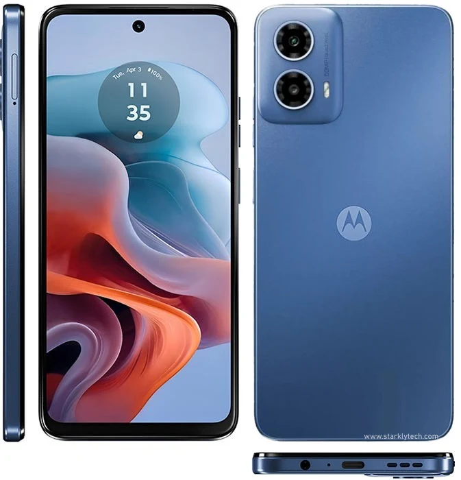 Motorola Moto G34 (side, front, rear and bottom view).