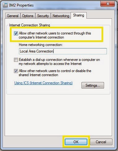 Ke Tab Sharing. Centang Allow Network User to Connect through the computer's Internet connection. Kemudian OK.