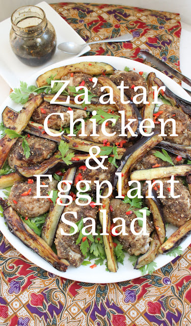 Food Lust People Love: Not your typical salad, this lovely roast za’atar chicken and eggplant salad combines fresh herbs with succulent chicken thighs and golden fried eggplant, drizzled with a tangy pomegranate molasses dressing.