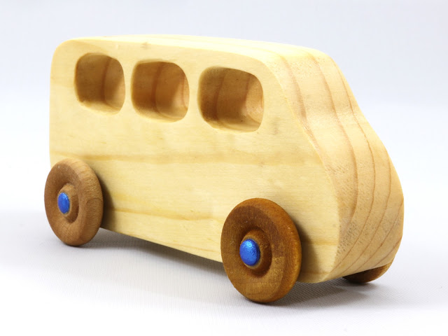 Handmade Wooden Toy Minivan from the Play Pal Series Finished With Nontoxic Clear Shellac and Metallic Blue Acrylic