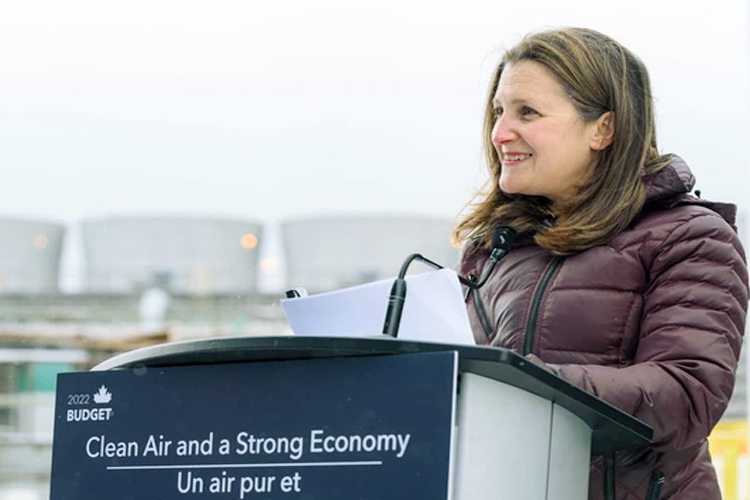 On April 14, 2022, Deputy Prime Minister Chrystia Freeland speaks at a media event at the Alberta Carbon Conversion Technology Centre in Calgary.