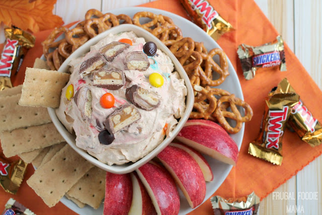 Your favorite candies from the kids' trick or treat bags come together with a favorite fall dessert in this creamy Trick or Treat Pumpkin Pie Dip. #InspiredGathering