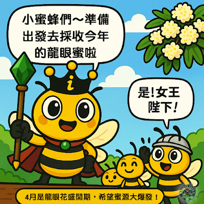蜜蜜女王宣布出發採收龍眼蜂蜜，小蜜蜂回應：是！女王陛下！