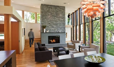 Interior Wooden Architecture Living Room With Fireplace