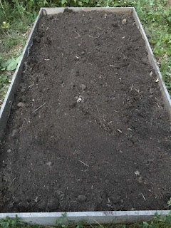 A raised bed with bare, dark soil and weathered boards.