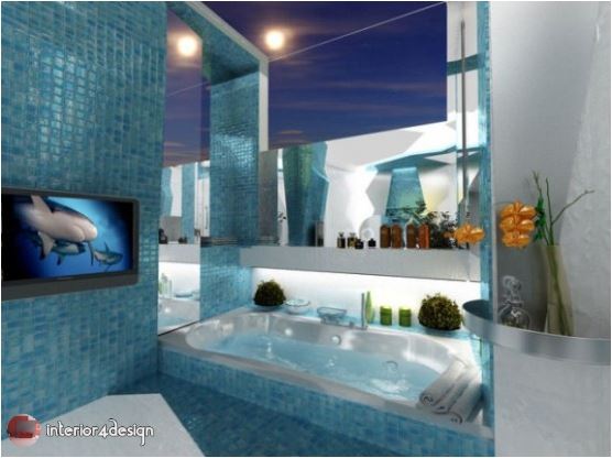 3D Futuristic Style Combination Of Two Contrasting Modern Bathroom Designs 3