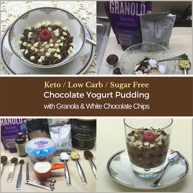 Keto / Low Carb / Sugar Free Chocolate Yogurt Pudding with Granola and White Chocolate Chips