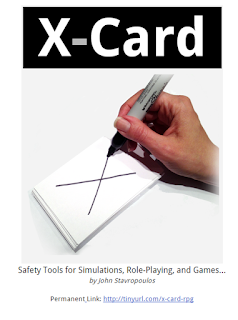 En la portada de la X-Card se ve cómo una mano con un rotulador hace una "X" en una cartulina. Debajo pone "Safety Tools for Simulations, Role-Playing, and Games... by John Stavropoulos y un enlace permanente al documento.