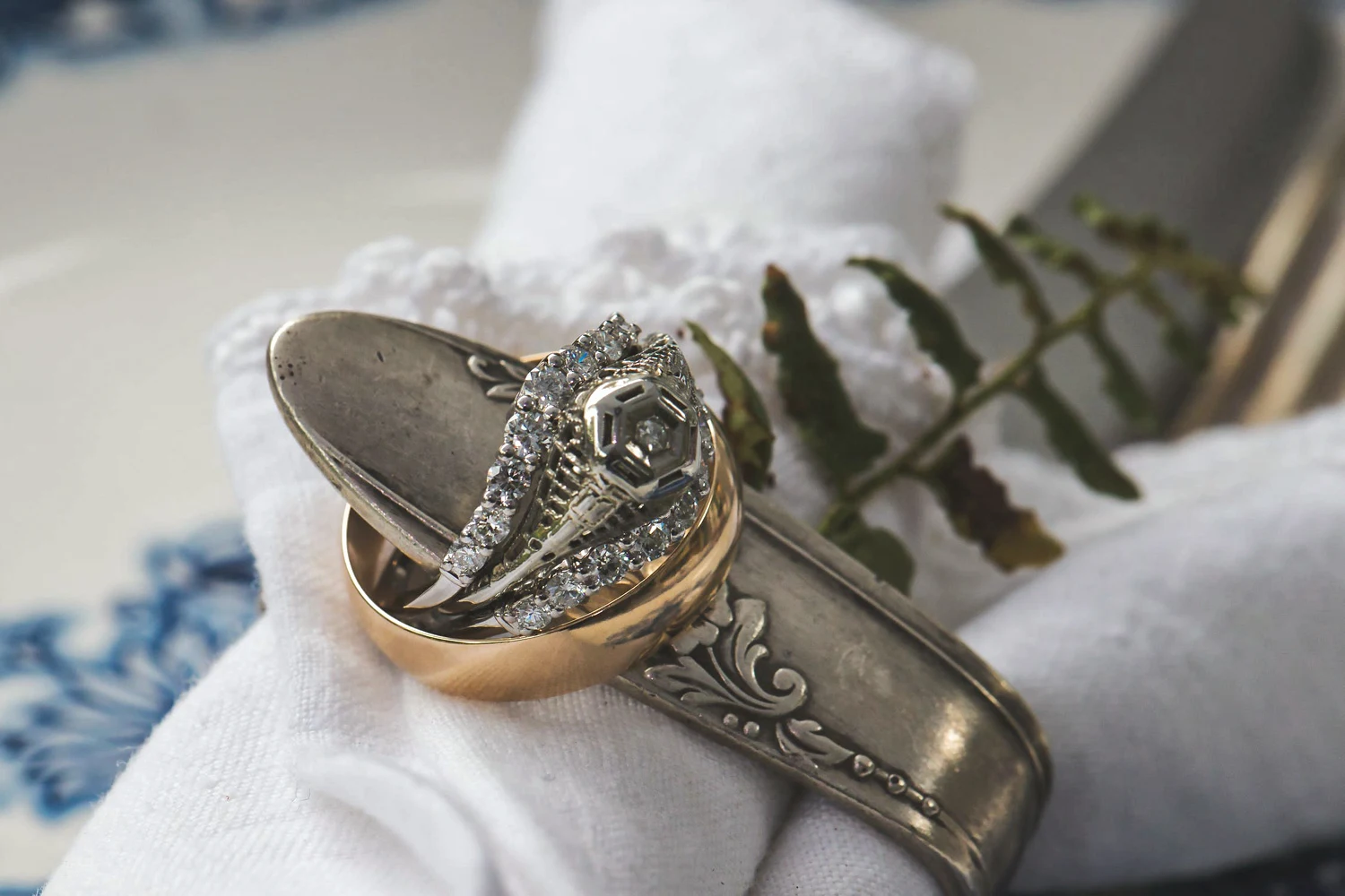 close-up of an antique, gothic engagement ring