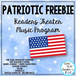 USA Freebie Banner Shows American Flag Text Reads :Patriotic Freebie Readers Theatre Music Program The Star Spangled Banner The Marine's Hymn When Johnny Comes Marching Yankee Doodle Dixie Battle Hymn of the Republic