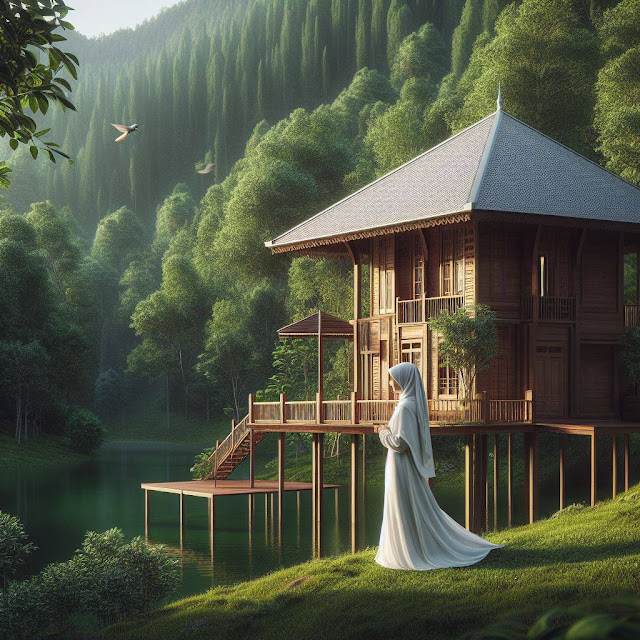 A woman in white stands gracefully in front of a picturesque house nestled by a serene lake.