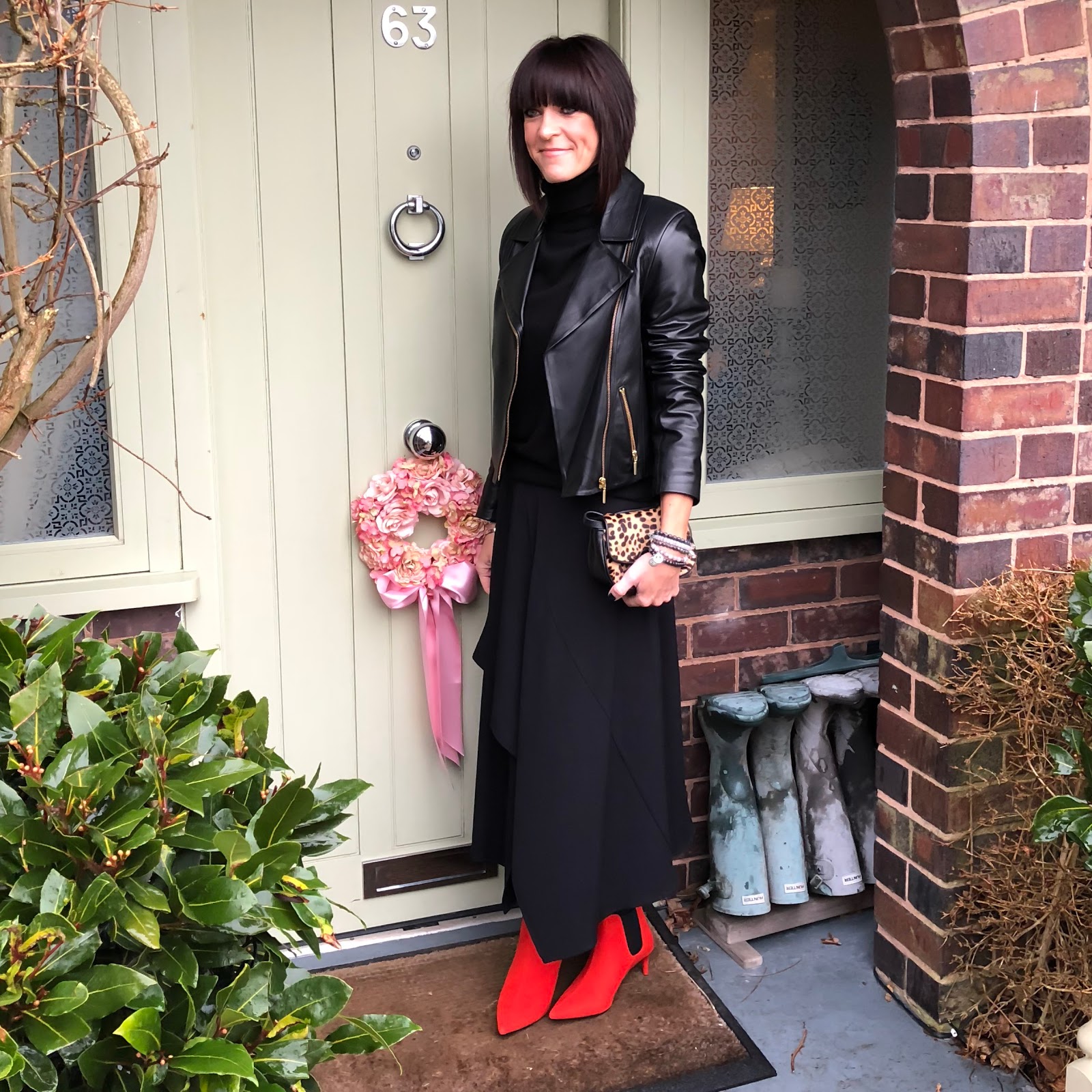 my midlife fashion, j crew leopard print bag, marks and spencer kitten heel pointed toe ankle boots, marks and spencer asymmetric panel detail midi skirt, marks and spencer pure cashmere roll neck sweater, baukjen leather everyday biker jacket