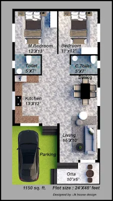 This image contains the modern floor plan of 1150 sq. ft. size with 3d view