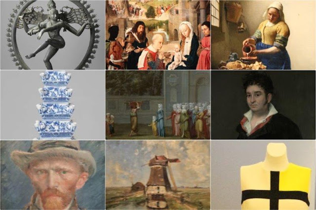 Obras en el Rijksmuseum de Amsterdam - Shiva Nataraja, La adoracion de los Magos, La lechera, Flor pirámide, El primer dia de clase, Retrato de Don Ramon Satue, Autorretrato, Molino de viento en un canal, Vestido Mondrian