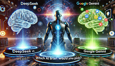 A futuristic digital battlefield where three AI entities—DeepSeek, Google Gemini, and ChatGPT—are represented as glowing, high-tech brains or humanoid AI figures.