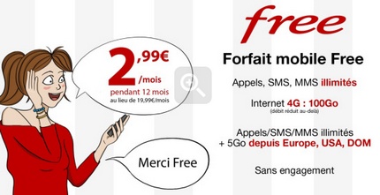 Vente privée Free Mobile : forfait illimité à 2.99€ à 100 Go