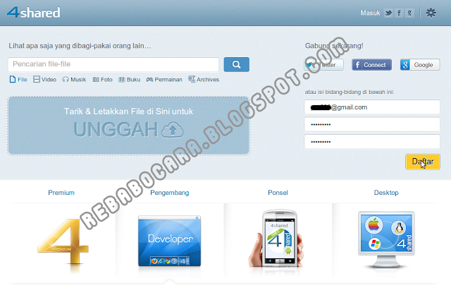 cara mendaftar akun 4shared