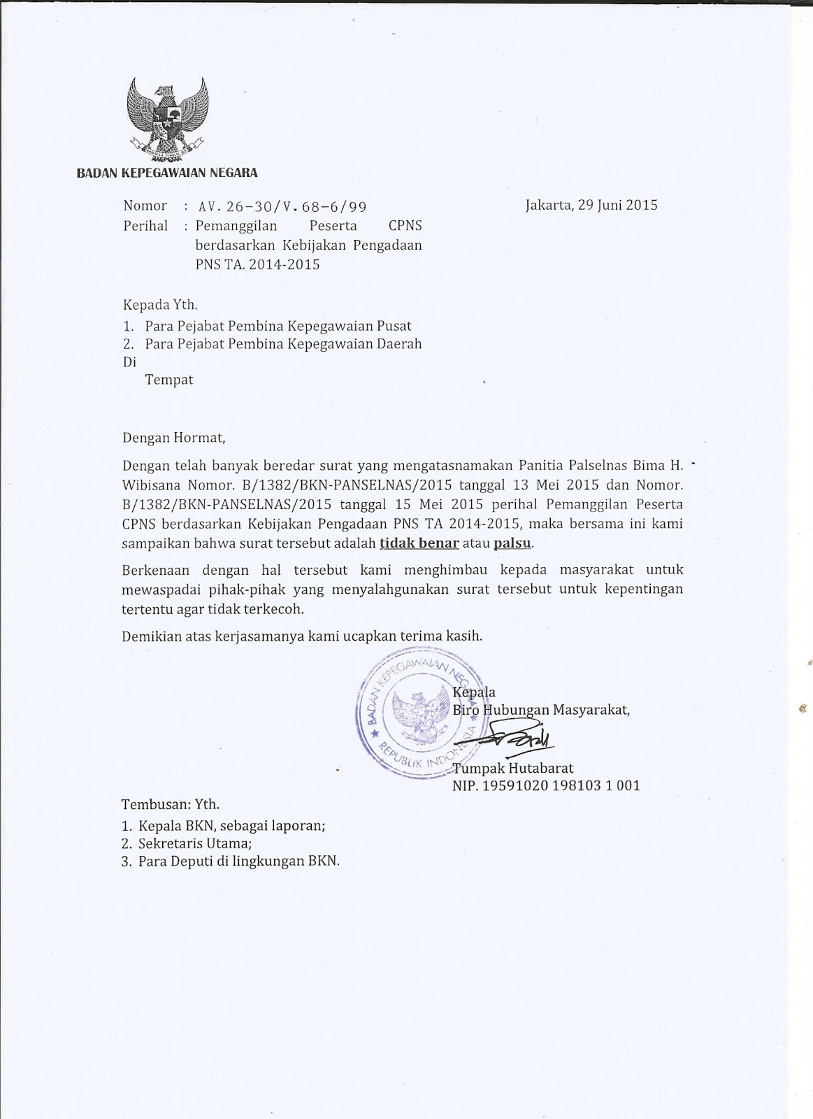 Contoh Surat Palsu Pengadaan CPNS Tahun 2014 s.d 2015 