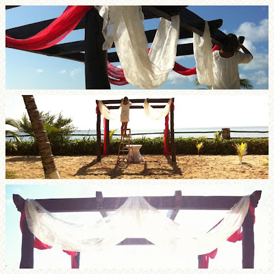 setting up our gazebo with white and coral on an amazing sunny day