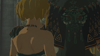 some large figure placing his dark green hand on Zelda's shoulder