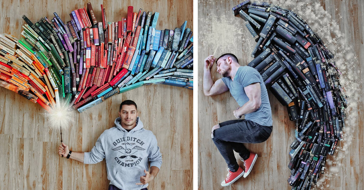 Guy Creatively Arranges His Huge Library of Books Into Artistic Scenes