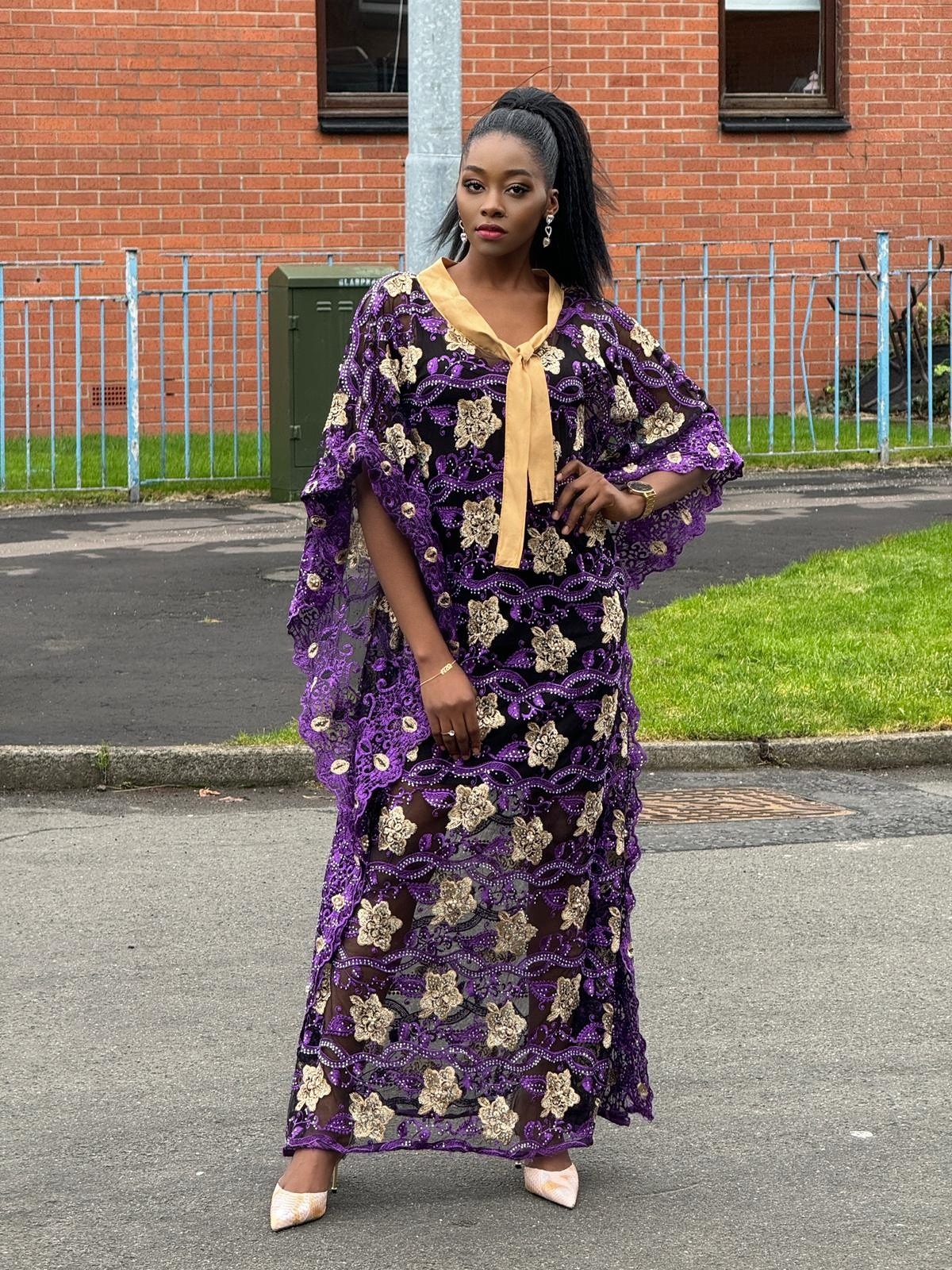 Custom-made purple and gold-embroidered lace Bubu dress