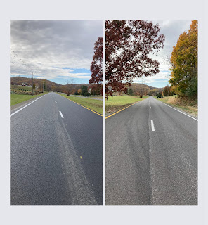 2 sides of a road, both recently paved but one side faded
