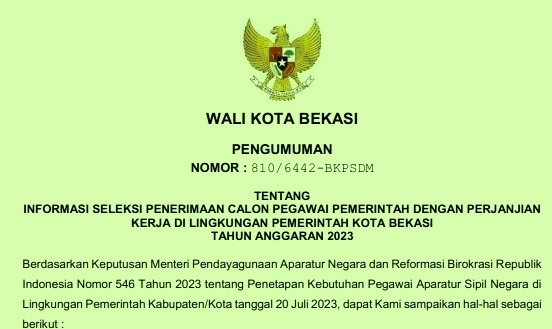 Pengumuman dan Penetapan Rincian Formasi Kebutuhan ASN PPPK Kota Bekasi Provinsi Jawa Barat Tahun Anggaran 2023 Pdf