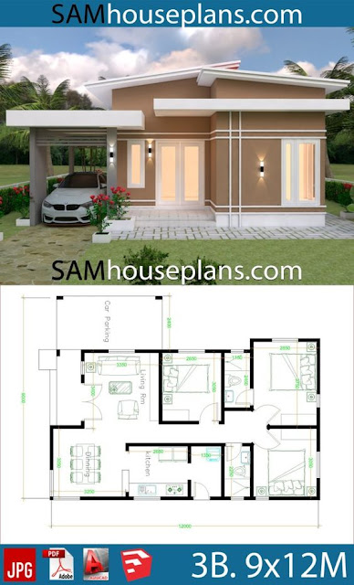 แปลนบ้านชั้นเดียว 3 ห้องนอน