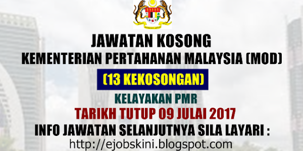 Jawatan Kosong Kementerian Pertahanan Malaysia (MOD) - 09 Julai 2017