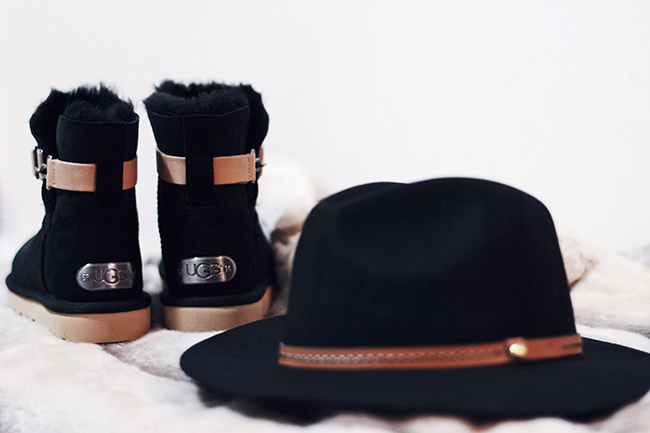 “New In” by Victoria of thewindofinspiration.com, featuring UGG Women’s Aurelyn Boot and David & Young Women's Wool Fet Panama With Suede Band Hat 