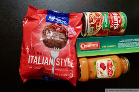 photo of the ingredients needed to make 2 batches of Instant Pot spaghetti and meatballs (meatballs, noodles, spaghetti sauce)