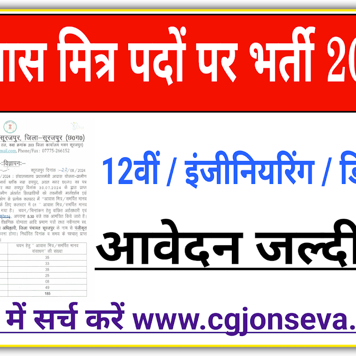 Cg awas mitra vacancy 2024 सुरजपुर जिले में आवास मित्र के 185 पदों पर भर्ती 